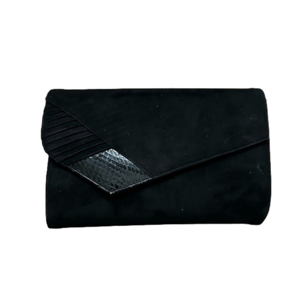 Vintage 80's Black Velvet Clutch Envelope Purse Faux Snake Skin Accent w/Strap